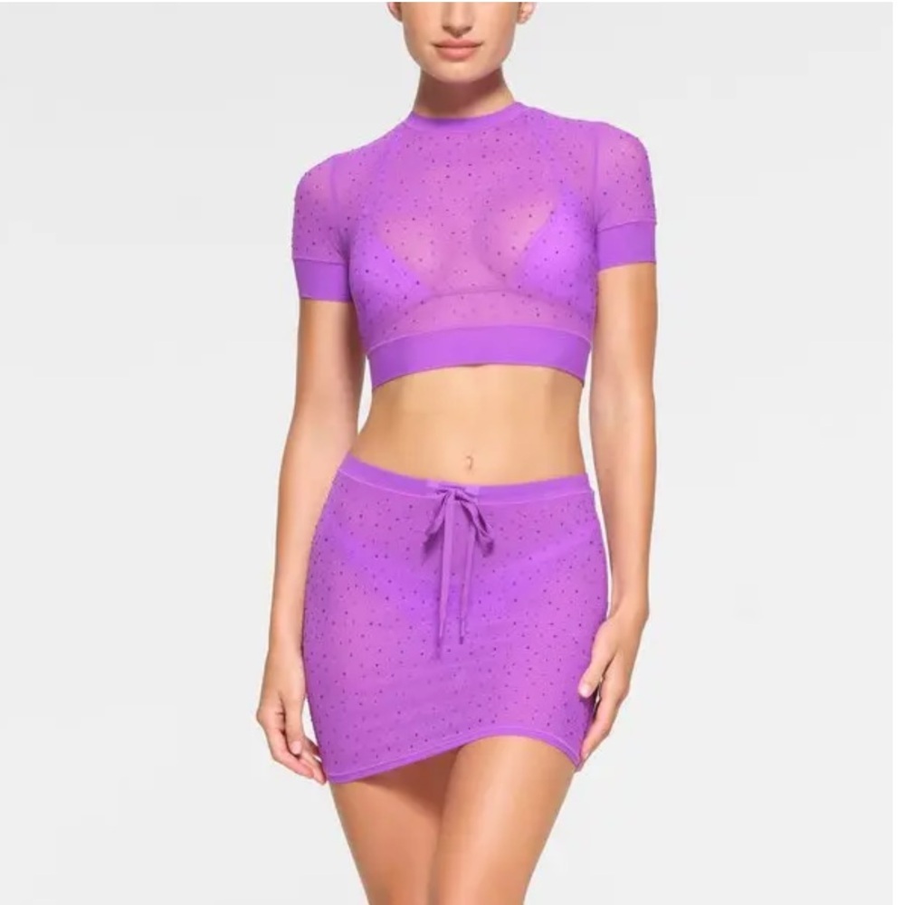 Sw44. Skims mesh rhinestone swim cover ups cropped Tshirt VIOLET NWT XXS 💜